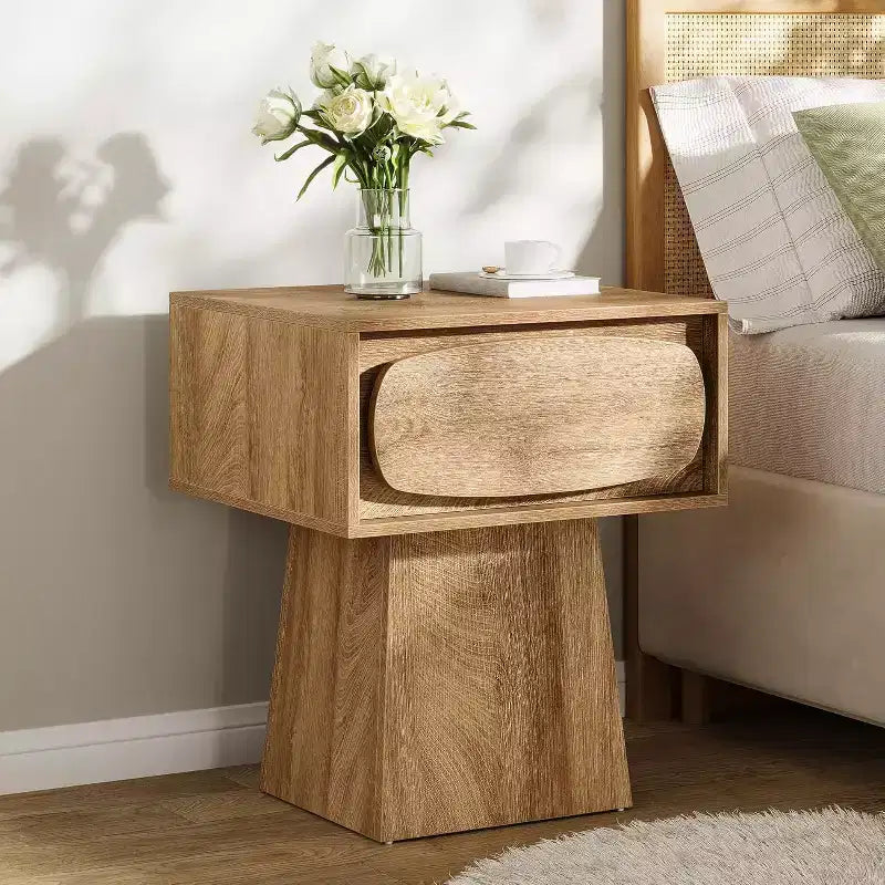 Nightstand with Drawer Storage, Mid Century Modern Bedside Table for Bedroom and Hallway, Natural Wood Grain Print, 21.6 Inch Small Dresser