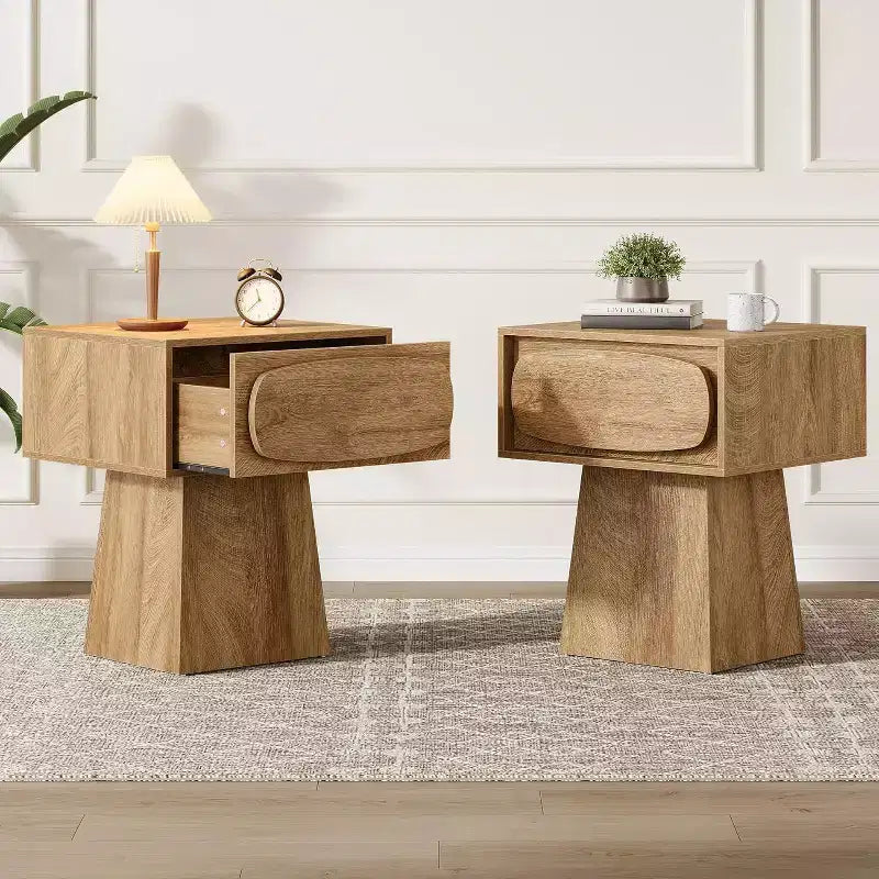 Nightstand with Drawer Storage, Mid Century Modern Bedside Table for Bedroom and Hallway, Natural Wood Grain Print, 21.6 Inch Small Dresser