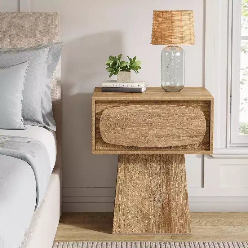 Nightstand with Drawer Storage, Mid Century Modern Bedside Table for Bedroom and Hallway, Natural Wood Grain Print, 21.6 Inch Small Dresser