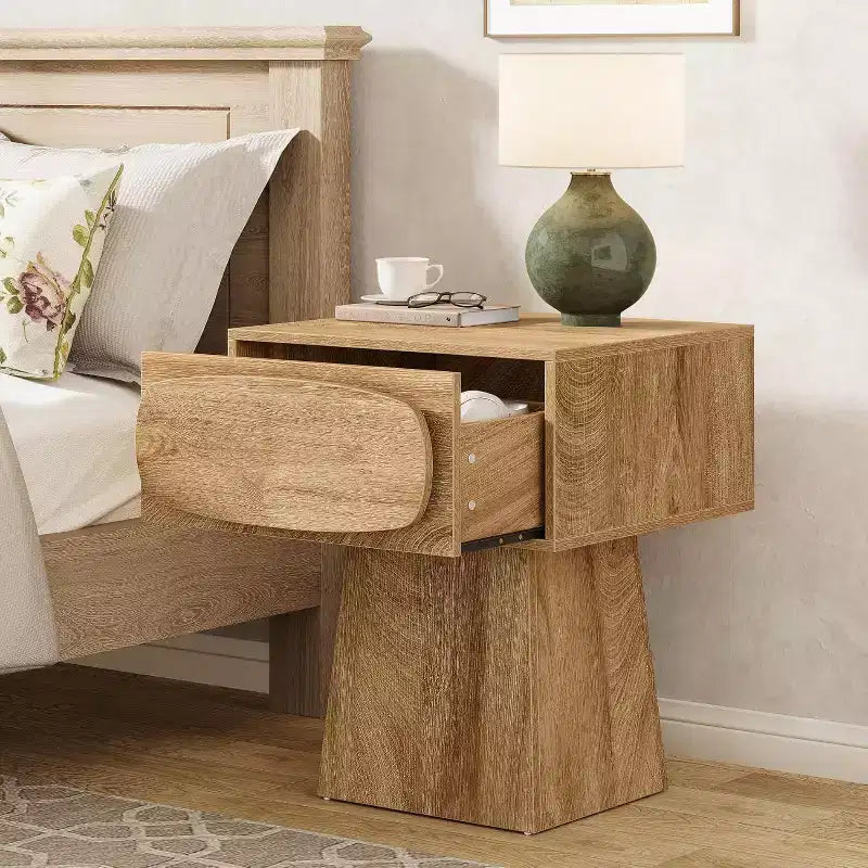 Lantine Nightstand with Drawer Storage, Mid Century Modern Bedside Table for Bedroom and Hallway, Natural Wood Grain Print, 21.6 Inch Small Dresser