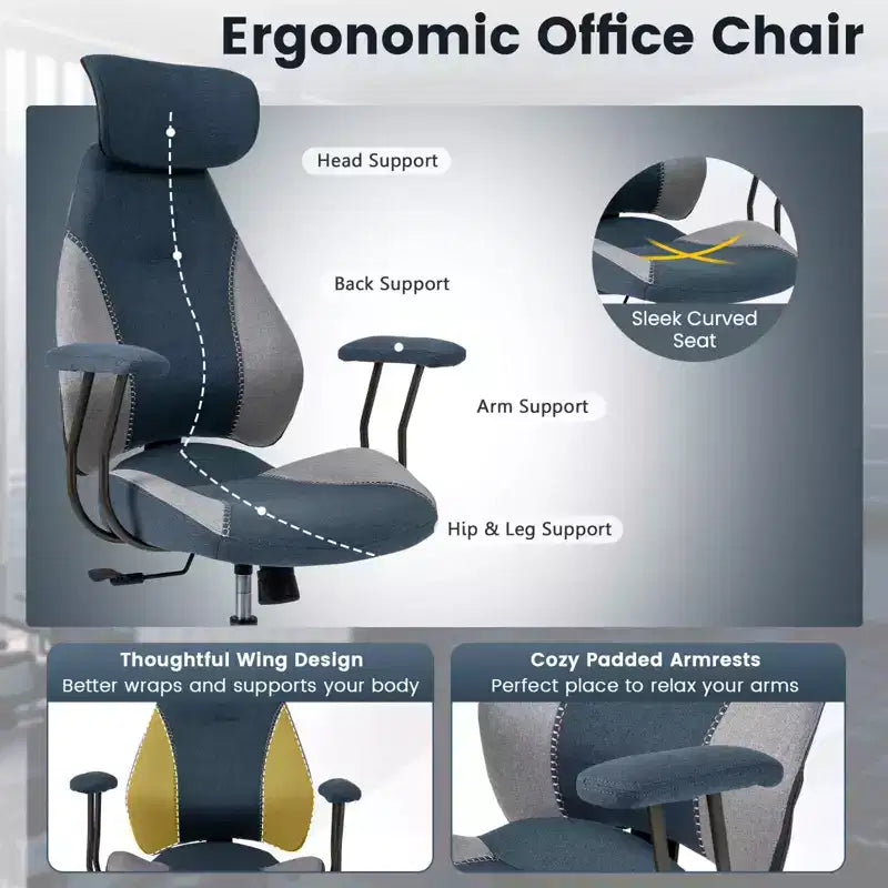 Ergonomic Office Chair with 2D Headrest, Rocking Backrest & Wheels, Gaming Chair Blue/Brown & Beige/Gray & Blue