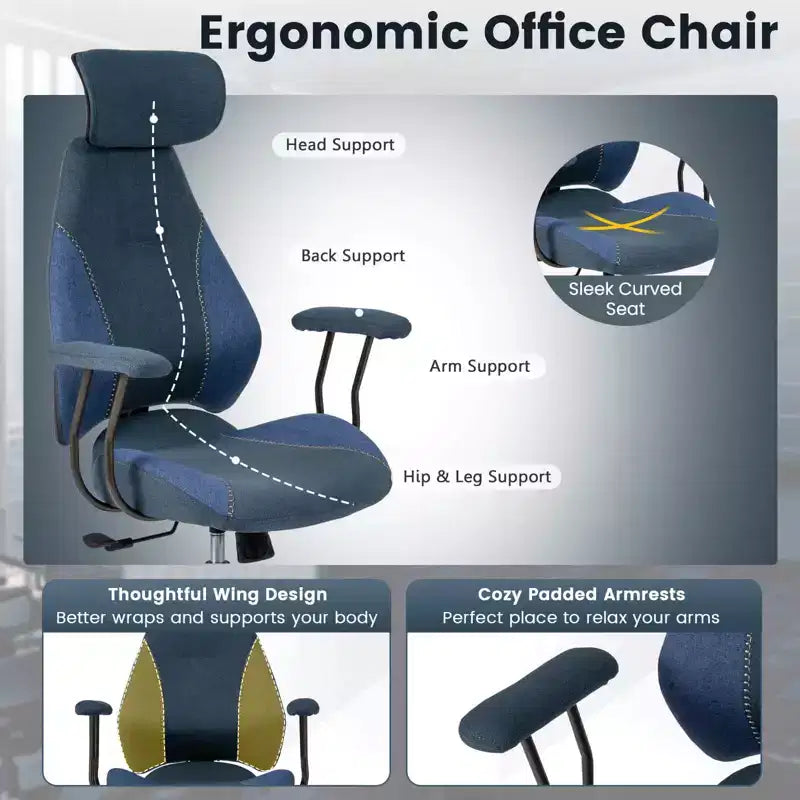 Ergonomic Office Chair with 2D Headrest, Rocking Backrest & Wheels, Gaming Chair Blue/Brown & Beige/Gray & Blue