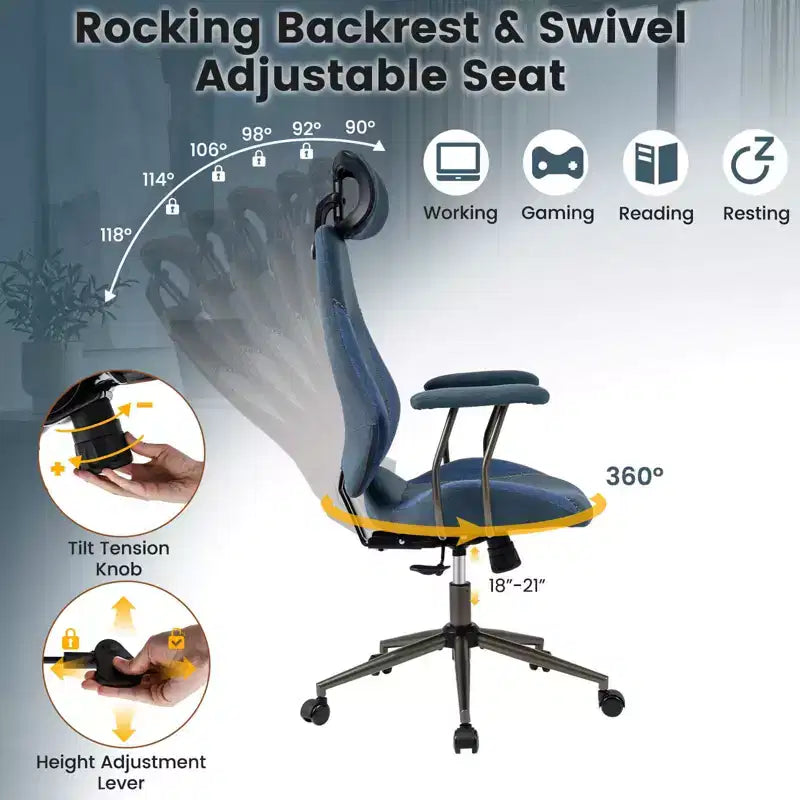 Ergonomic Office Chair with 2D Headrest, Rocking Backrest & Wheels, Gaming Chair Blue/Brown & Beige/Gray & Blue