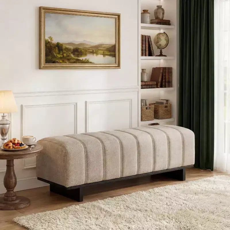 Modern Wooden Upholstered Dining Bench with Rubberwood Legs