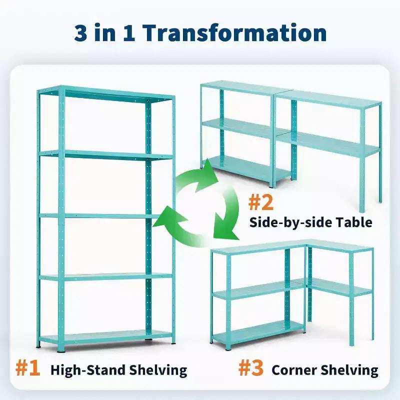 68 Inch Light Green Five Tier Metal Bookshelf for Home Office Storage