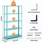 68 Inch Light Green Five Tier Metal Bookshelf for Home Office Storage