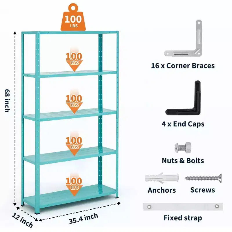 68 Inch Light Green Five Tier Metal Bookshelf for Home Office Storage