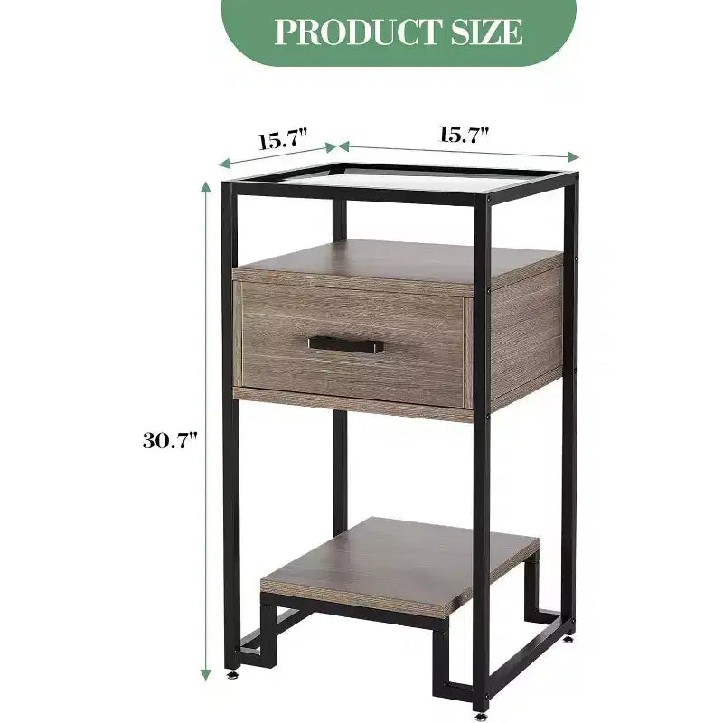 Bedroom Nightstand - Bedside Stand with Wood Drawer and Tempered Glass Top,End Table with Adjustable Legs,for Bedroom and Living Room