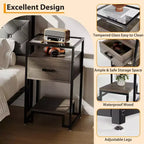 Bedroom Nightstand - Bedside Stand with Wood Drawer and Tempered Glass Top,End Table with Adjustable Legs,for Bedroom and Living Room