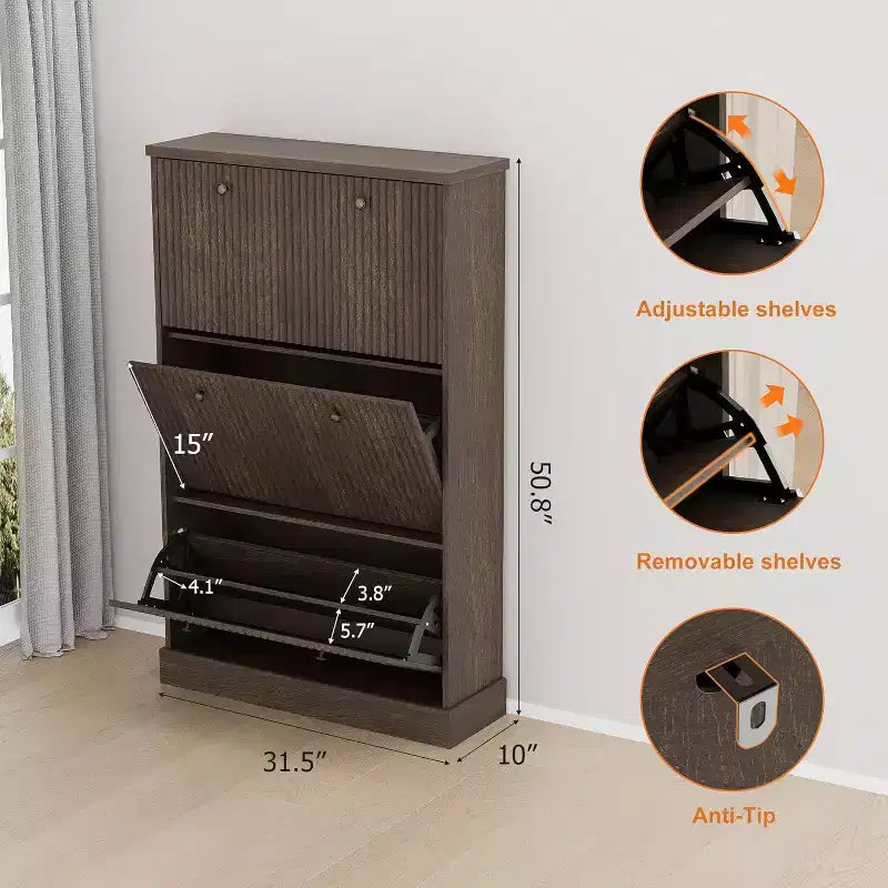 Shoe Cabinet with 3 Flip Drawers,Fluted Storage Cabinet with Adjustable and Removable Shelves,Freestanding Narrow Shoe Organizer for Entryway,Hallway