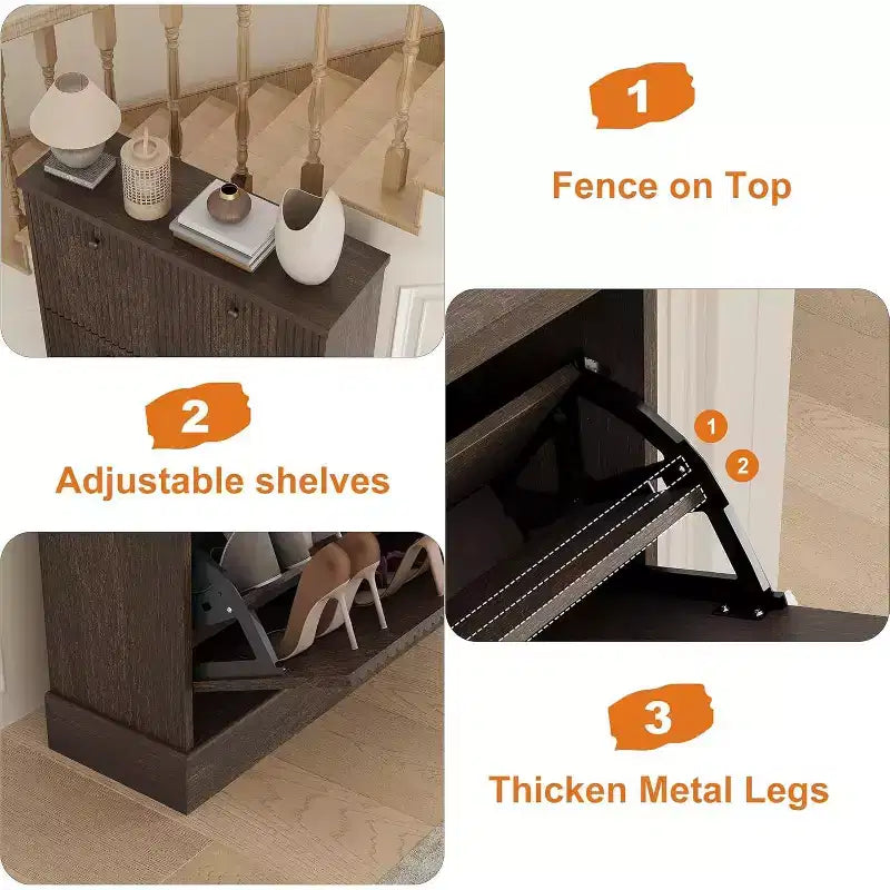 Shoe Cabinet with 3 Flip Drawers,Fluted Storage Cabinet with Adjustable and Removable Shelves,Freestanding Narrow Shoe Organizer for Entryway,Hallway