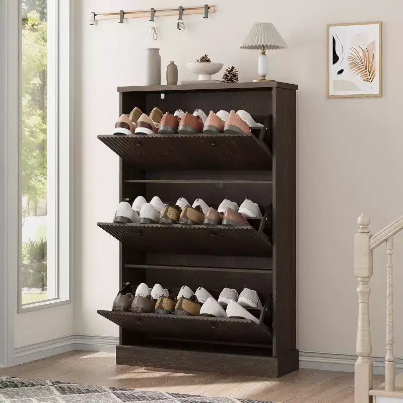Shoe Cabinet with 3 Flip Drawers,Fluted Storage Cabinet with Adjustable and Removable Shelves,Freestanding Narrow Shoe Organizer for Entryway,Hallway