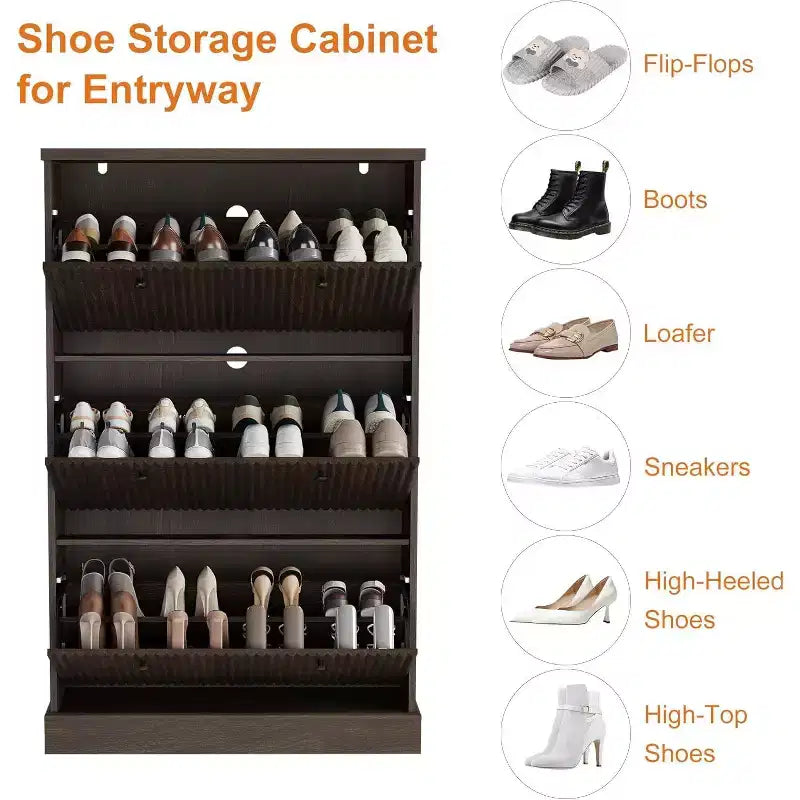 Shoe Cabinet with 3 Flip Drawers,Fluted Storage Cabinet with Adjustable and Removable Shelves,Freestanding Narrow Shoe Organizer for Entryway,Hallway
