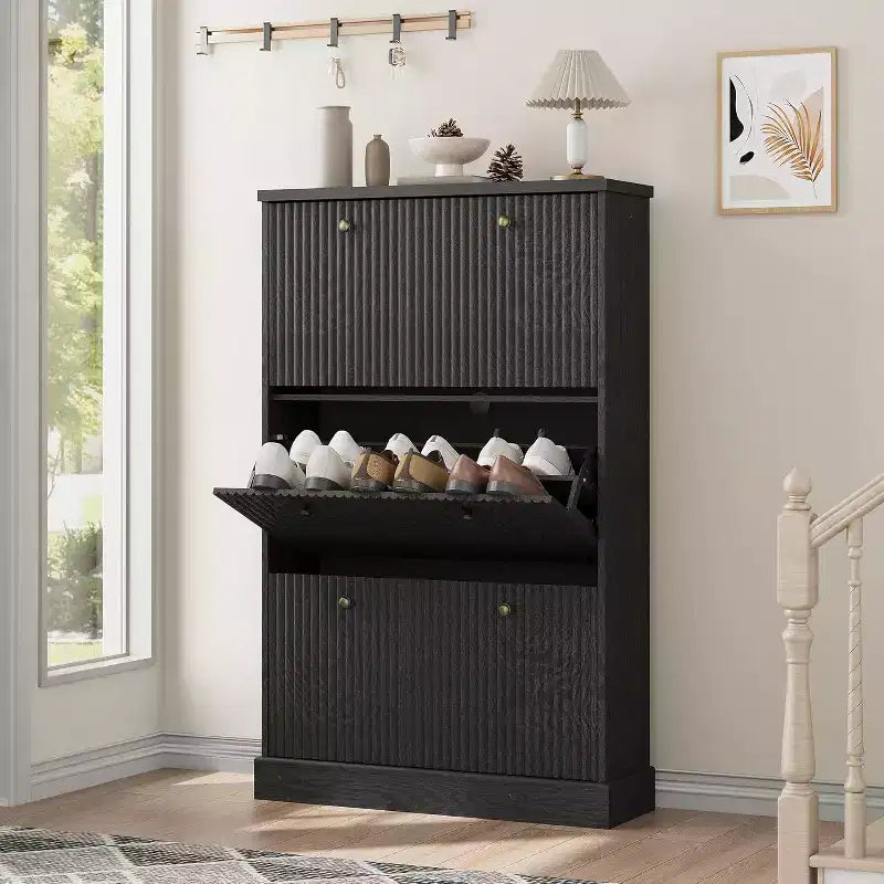 Shoe Cabinet with 3 Flip Drawers,Fluted Storage Cabinet with Adjustable and Removable Shelves,Freestanding Narrow Shoe Organizer for Entryway,Hallway