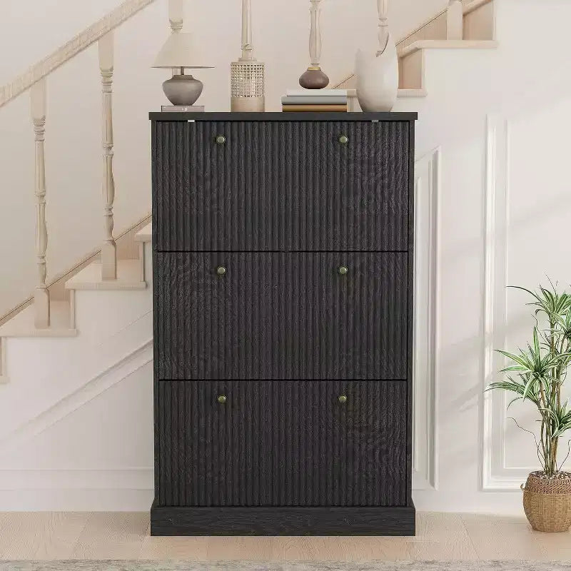 Shoe Cabinet with 3 Flip Drawers,Fluted Storage Cabinet with Adjustable and Removable Shelves,Freestanding Narrow Shoe Organizer for Entryway,Hallway