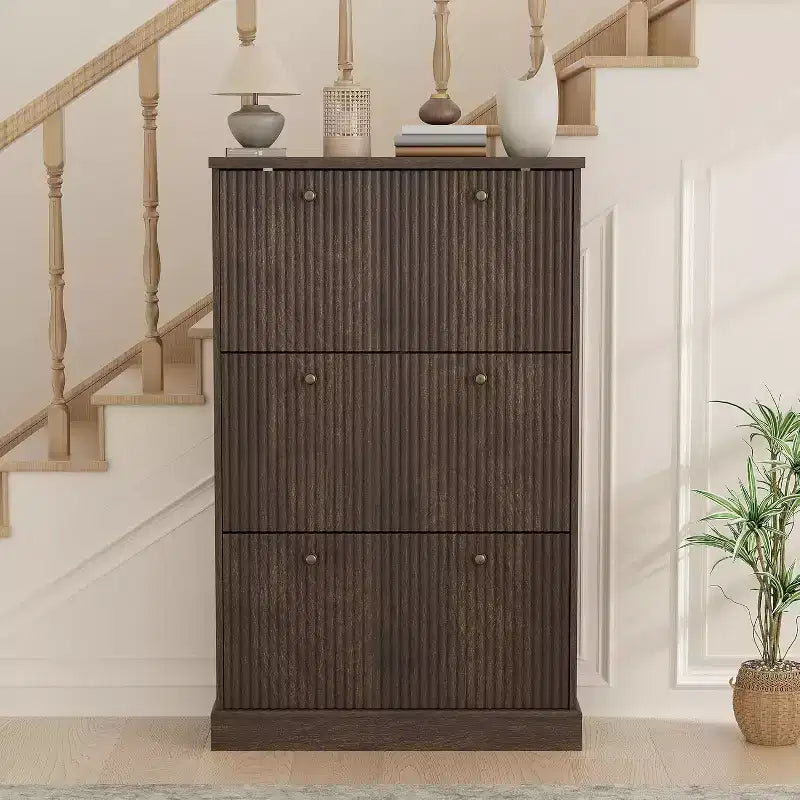 Shoe Cabinet with 3 Flip Drawers,Fluted Storage Cabinet with Adjustable and Removable Shelves,Freestanding Narrow Shoe Organizer for Entryway,Hallway