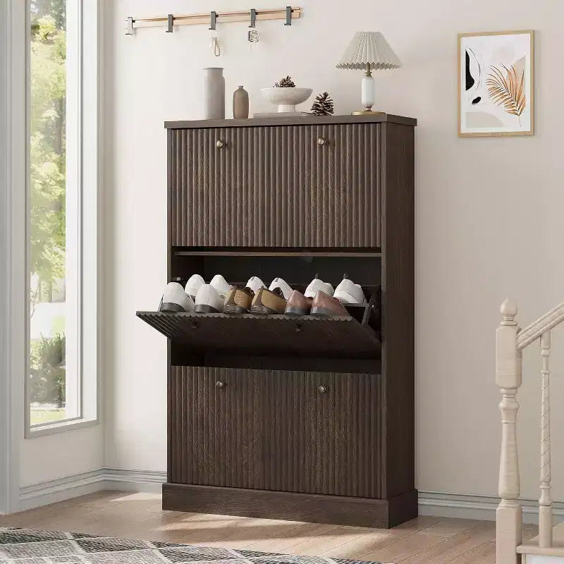 Shoe Cabinet with 3 Flip Drawers,Fluted Storage Cabinet with Adjustable and Removable Shelves,Freestanding Narrow Shoe Organizer for Entryway,Hallway