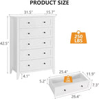 Modern 5 Drawers Dresser for Bedroom, Tall Wood Chest of Drawers for Clothes with Gold Handles & Deep Drawers, Living Room, Closet, Hallway, White