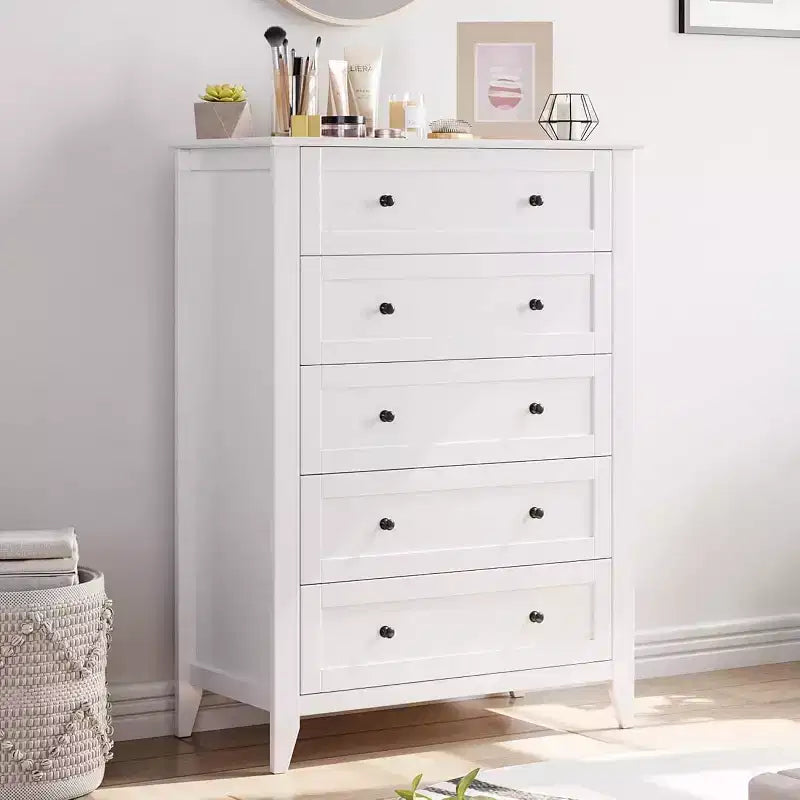 Modern 5 Drawers Dresser for Bedroom, Tall Wood Chest of Drawers for Clothes with Gold Handles & Deep Drawers, Living Room, Closet, Hallway, White