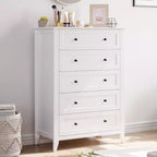Modern 5 Drawers Dresser for Bedroom, Tall Wood Chest of Drawers for Clothes with Gold Handles & Deep Drawers, Living Room, Closet, Hallway, White