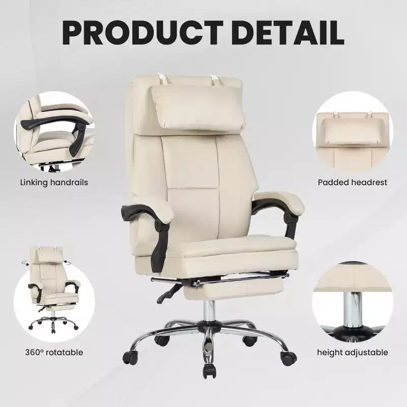 Chic 360 Swivel Ergonomics Office Chair with Footrest,Head Pillow,30 Recliner Computer Chair with Adjustable Height,Luxury Boss Chair,Beige