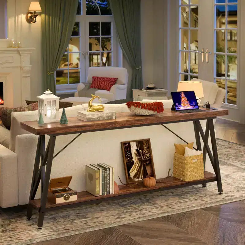 71'' Console Table with Charging Station, Industrial Metal Frame Sofa Table with Storage Shelf