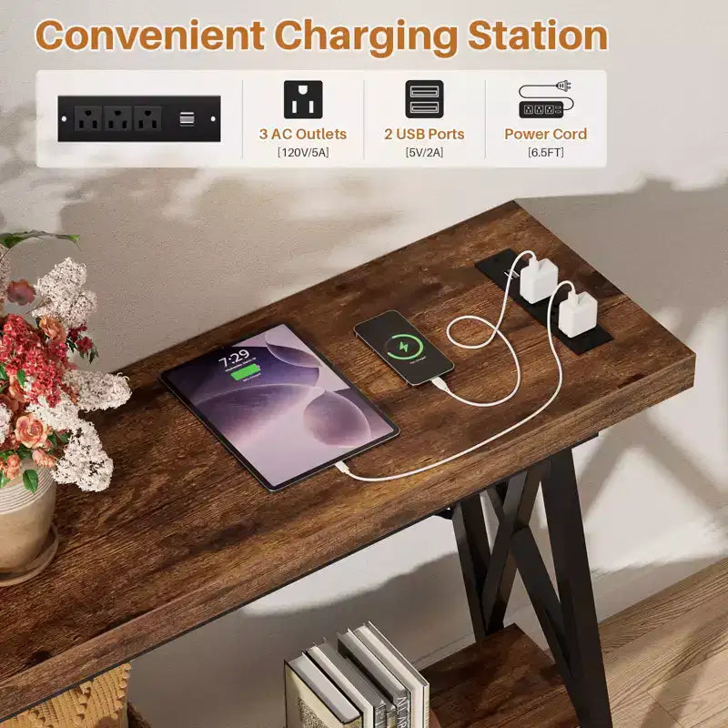 71'' Console Table with Charging Station, Industrial Metal Frame Sofa Table with Storage Shelf