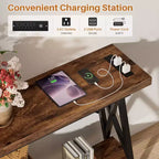 71'' Console Table with Charging Station, Industrial Metal Frame Sofa Table with Storage Shelf