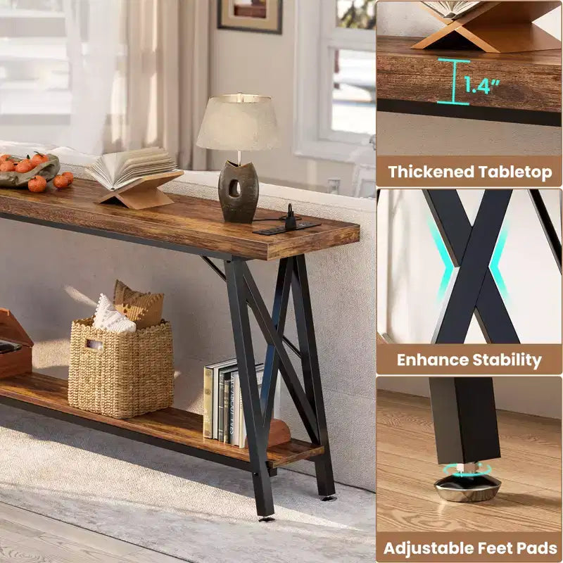 71'' Console Table with Charging Station, Industrial Metal Frame Sofa Table with Storage Shelf
