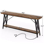71'' Console Table with Charging Station, Industrial Metal Frame Sofa Table with Storage Shelf
