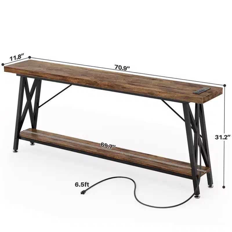 71'' Console Table with Charging Station, Industrial Metal Frame Sofa Table with Storage Shelf