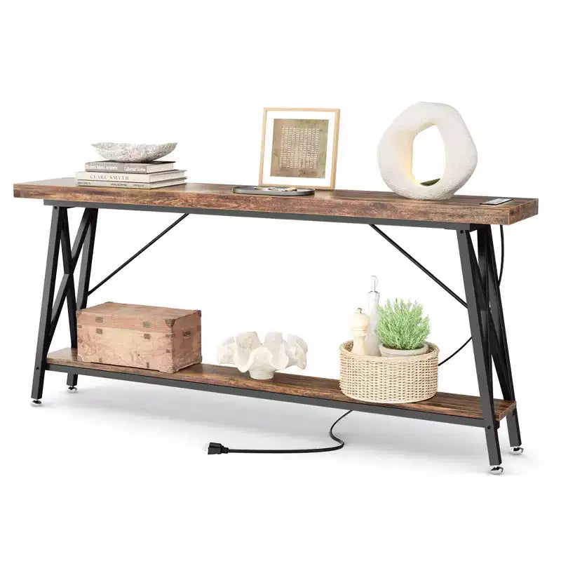 71'' Console Table with Charging Station, Industrial Metal Frame Sofa Table with Storage Shelf