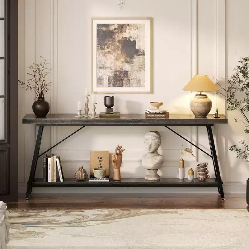71'' Console Table with Charging Station, Industrial Metal Frame Sofa Table with Storage Shelf