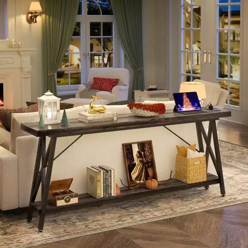 71'' Console Table with Charging Station, Industrial Metal Frame Sofa Table with Storage Shelf