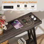 71'' Console Table with Charging Station, Industrial Metal Frame Sofa Table with Storage Shelf