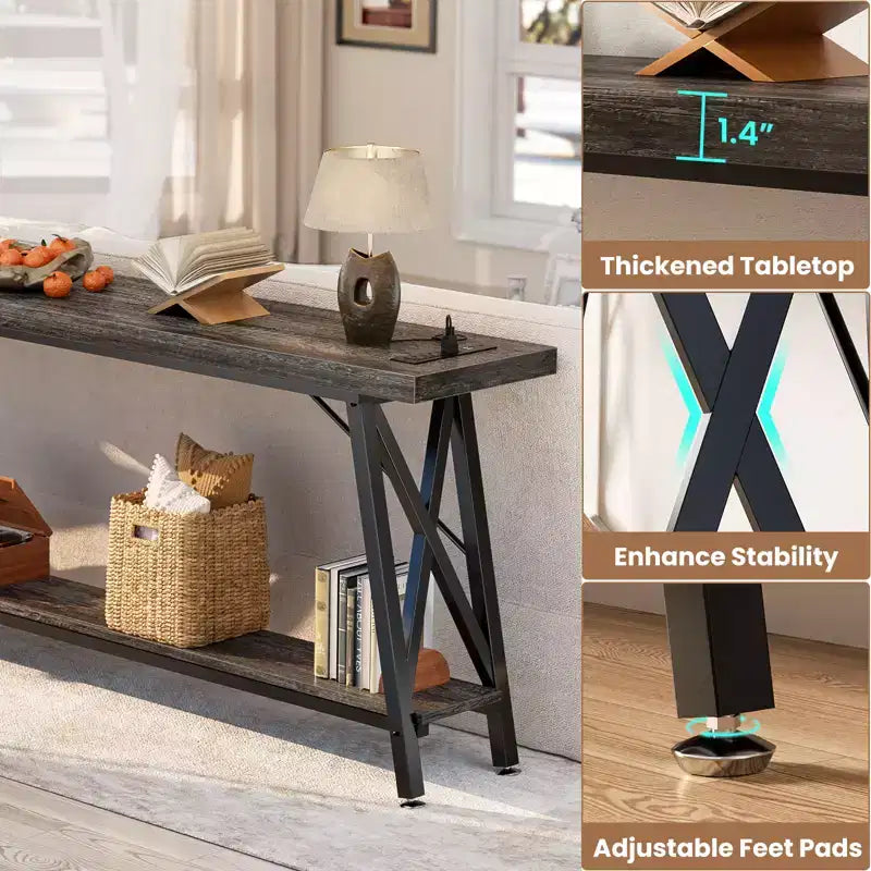 71'' Console Table with Charging Station, Industrial Metal Frame Sofa Table with Storage Shelf