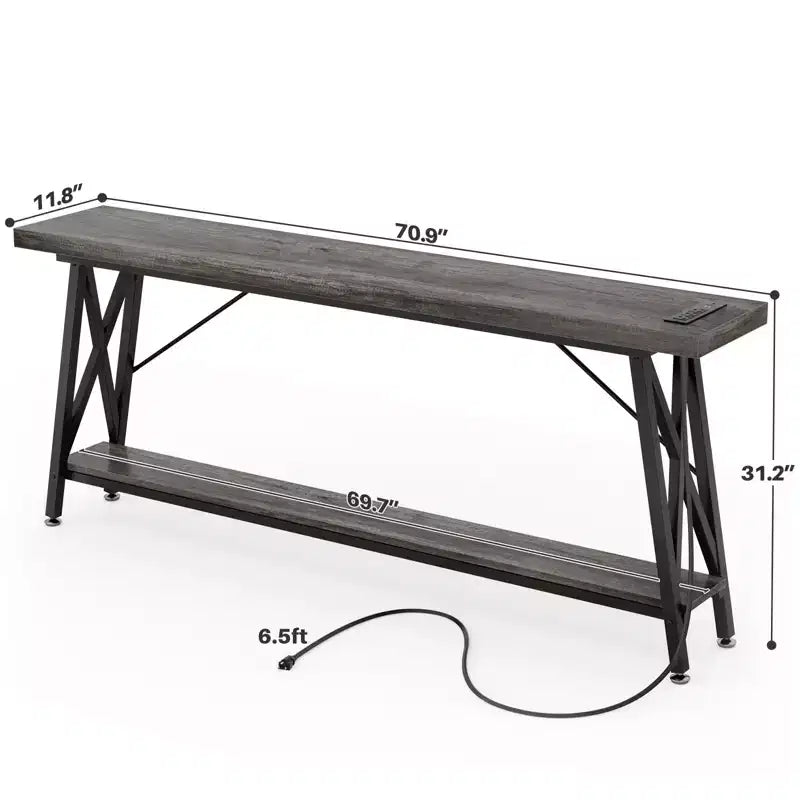 71'' Console Table with Charging Station, Industrial Metal Frame Sofa Table with Storage Shelf
