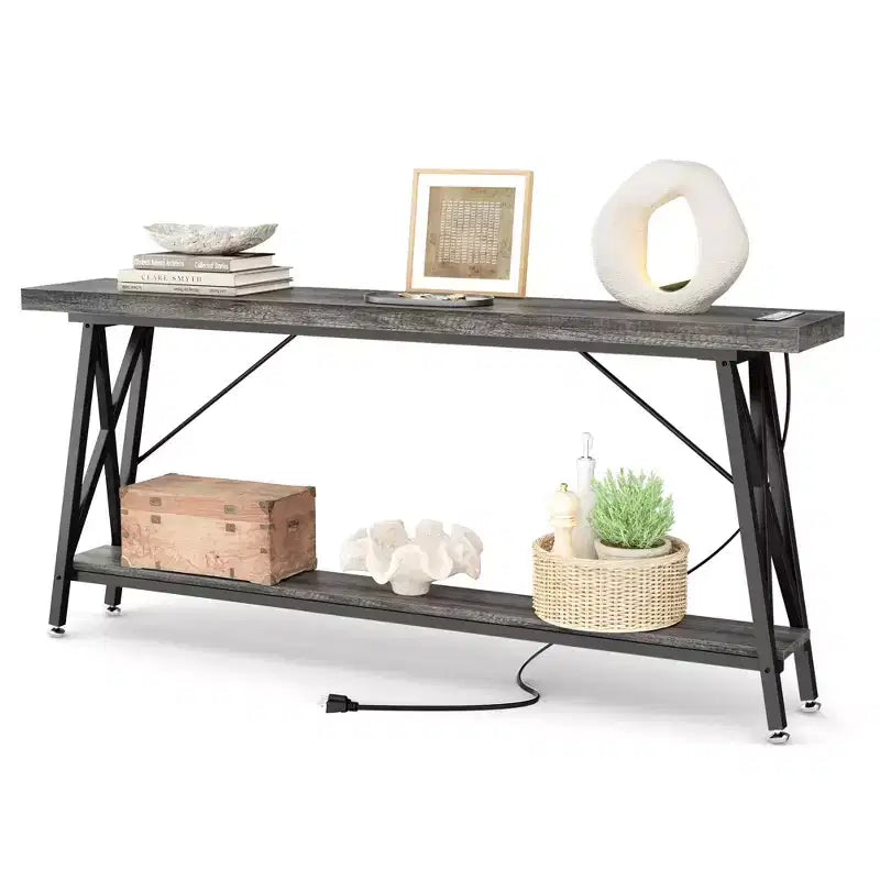 71'' Console Table with Charging Station, Industrial Metal Frame Sofa Table with Storage Shelf