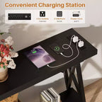71'' Console Table with Charging Station, Industrial Metal Frame Sofa Table with Storage Shelf