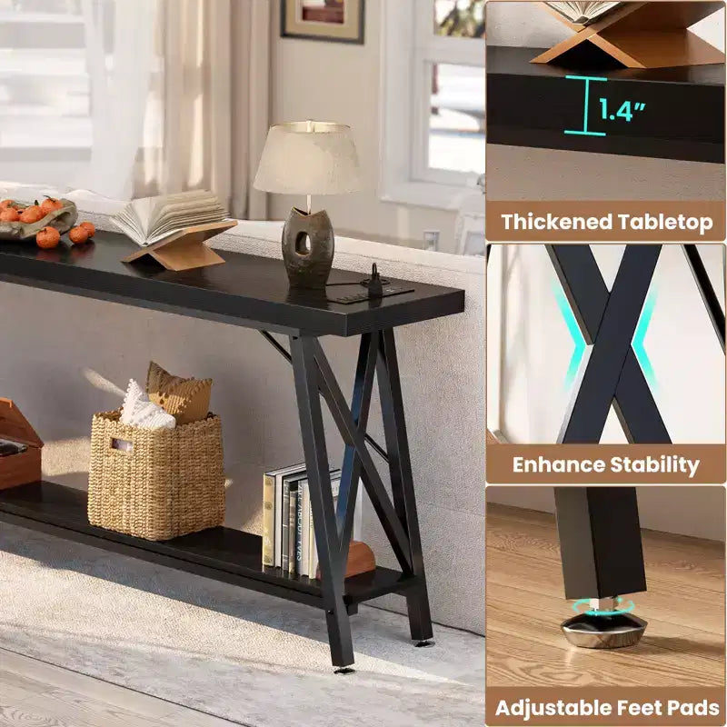71'' Console Table with Charging Station, Industrial Metal Frame Sofa Table with Storage Shelf