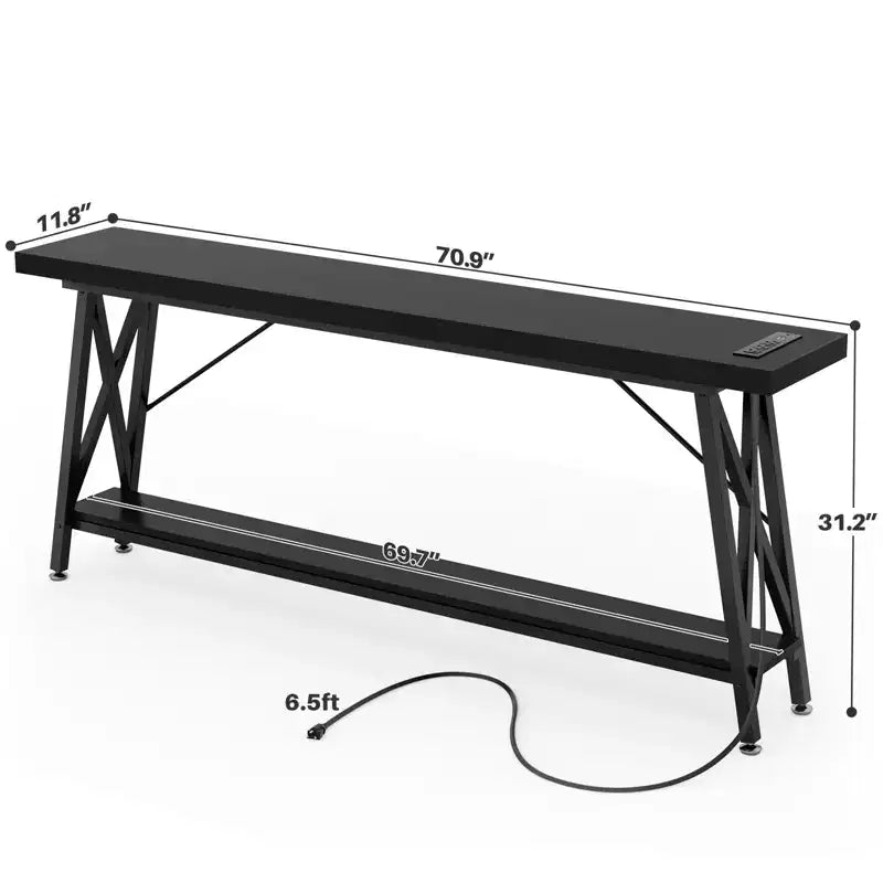 71'' Console Table with Charging Station, Industrial Metal Frame Sofa Table with Storage Shelf