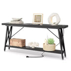 71'' Console Table with Charging Station, Industrial Metal Frame Sofa Table with Storage Shelf