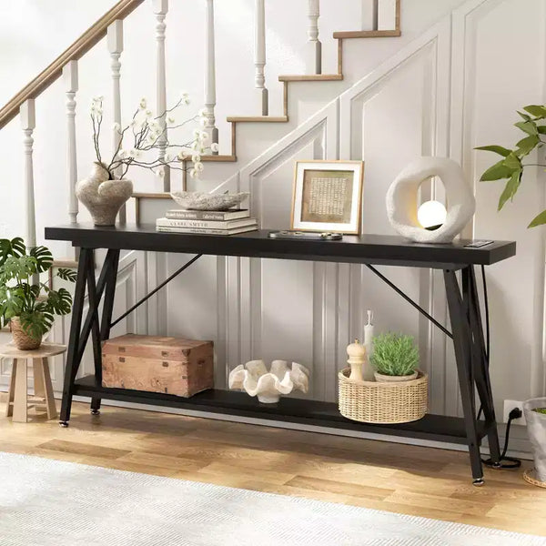 Besiost 71'' Console Table with Charging Station, Industrial Metal Frame Sofa Table with Storage Shelf