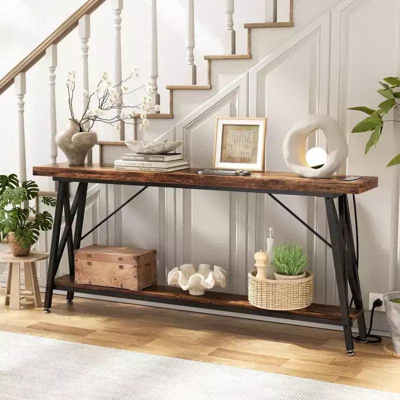71'' Console Table with Charging Station, Industrial Metal Frame Sofa Table with Storage Shelf