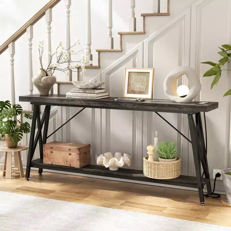 71'' Console Table with Charging Station, Industrial Metal Frame Sofa Table with Storage Shelf