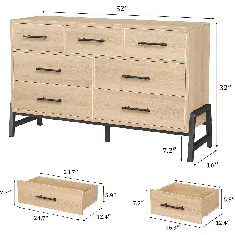 7 Dresser for Bedroom, Freestanding 52 in Wide Drawer Dresser with Storage, Wooden Closet Storage Chest for Living Room