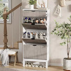 Wooden Shoe Storage Cabinet with 3 Flip Drawers, Farmhouse Fluted Shoe Rack with Iron Legs for Entryway, Sturdy Narrow Shoe Rack with Metal Legs