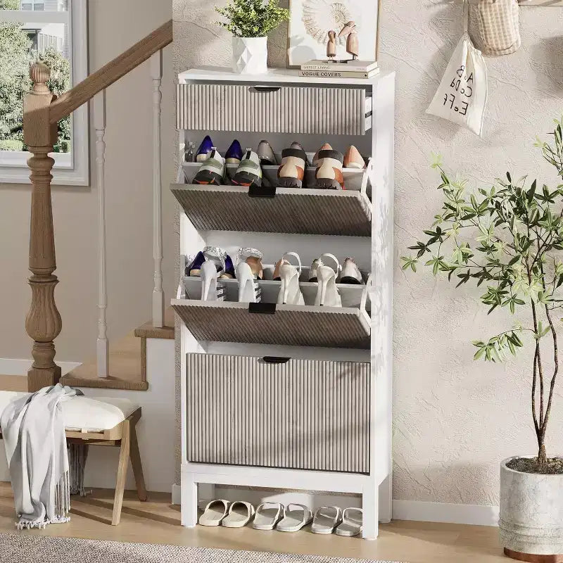 Wooden Shoe Storage Cabinet with 3 Flip Drawers, Farmhouse Fluted Shoe Rack with Iron Legs for Entryway, Sturdy Narrow Shoe Rack with Metal Legs