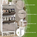 Wooden Shoe Storage Cabinet with 3 Flip Drawers, Farmhouse Fluted Shoe Rack with Iron Legs for Entryway, Sturdy Narrow Shoe Rack with Metal Legs