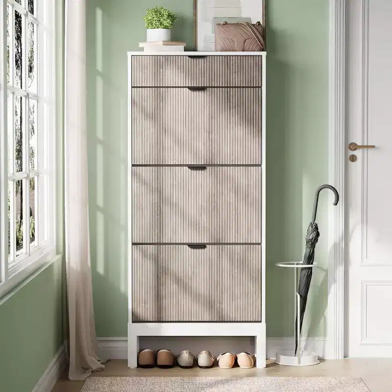 Wooden Shoe Storage Cabinet with 3 Flip Drawers, Farmhouse Fluted Shoe Rack with Iron Legs for Entryway, Sturdy Narrow Shoe Rack with Metal Legs